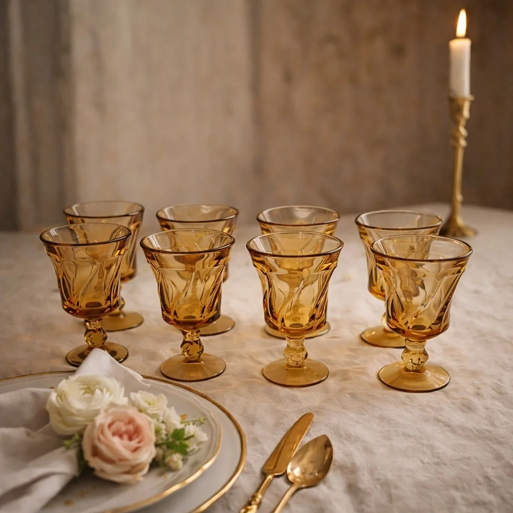 8  Fostoria Jamestown Amber VTG 1970’s Goblets water glasses, tea glasses